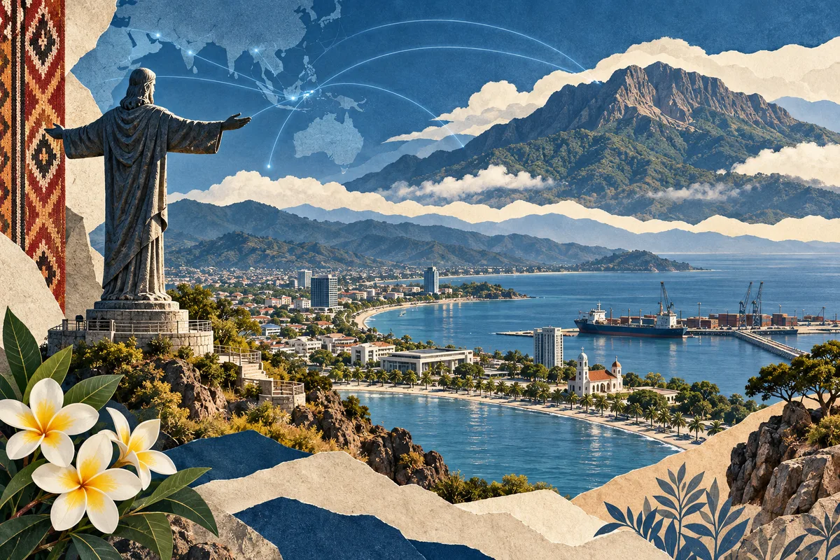 Illustrated collage of Timor-Leste, inspired by Cristo Rei of Dili, Dili, Mount Ramelau.