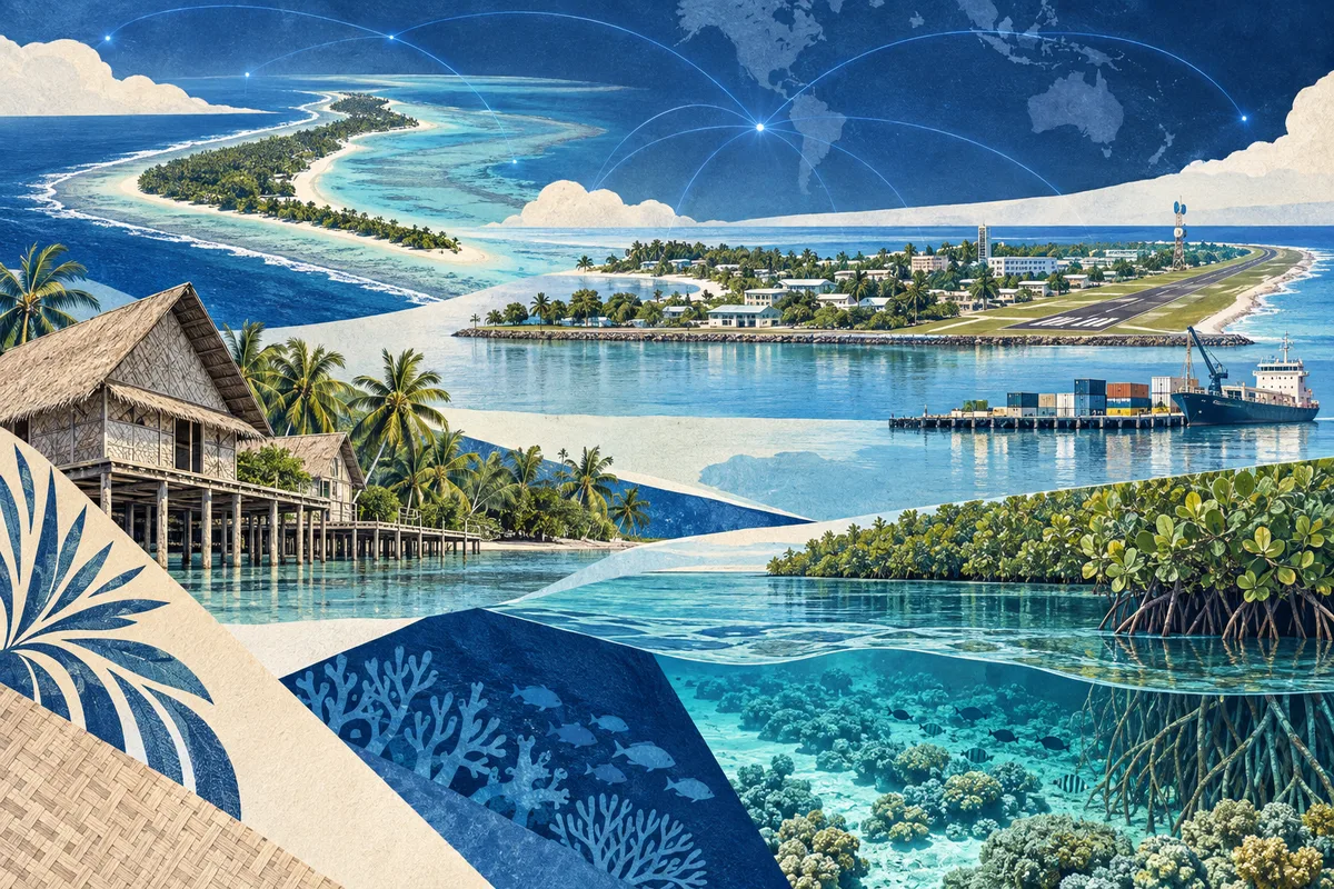 Illustrated collage of Tuvalu, inspired by Nanumea, Funafuti, Funafuti Conservation Area.