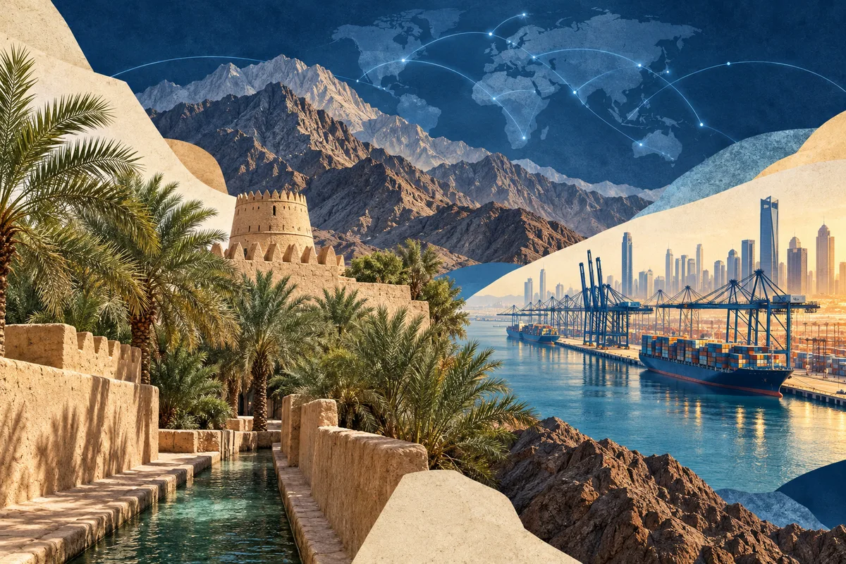 Illustrated collage of United Arab Emirates, inspired by Al Ain Oasis, Jebel Ali, Hajar Mountains.