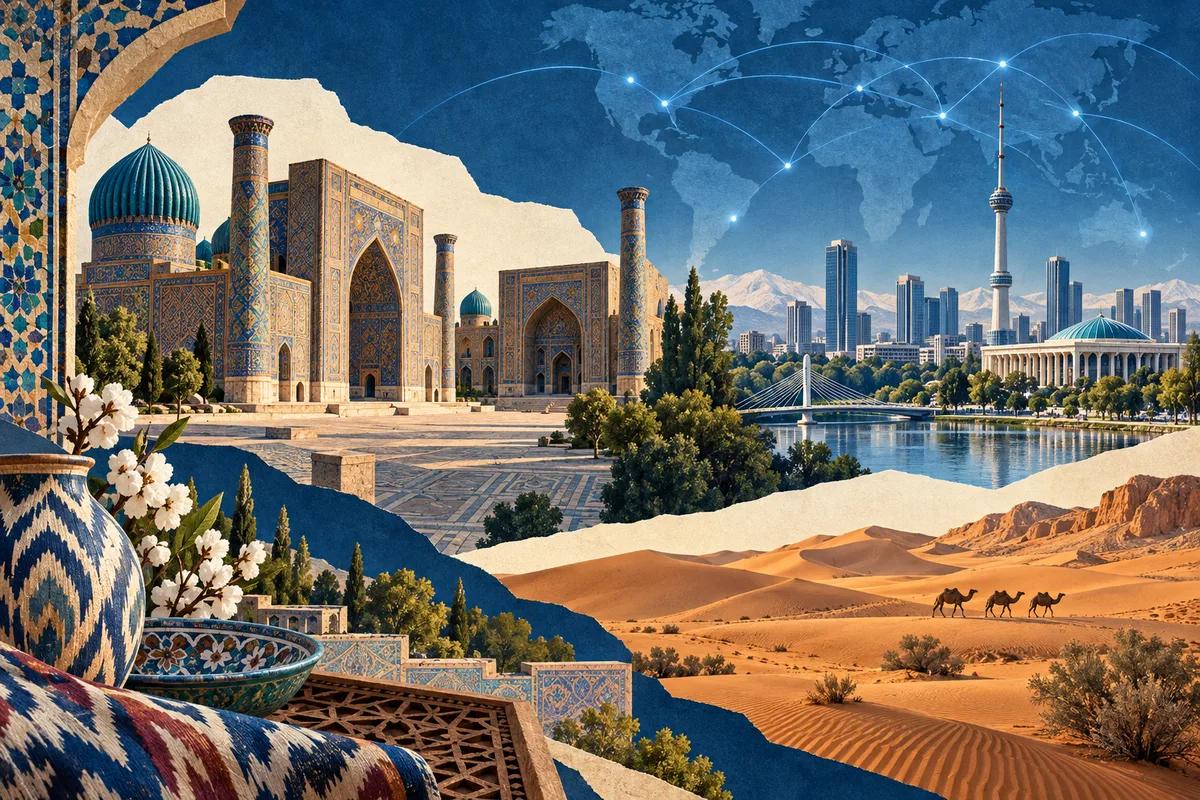 Illustrated collage of Uzbekistan, inspired by Registan, Tashkent, Kyzylkum Desert.