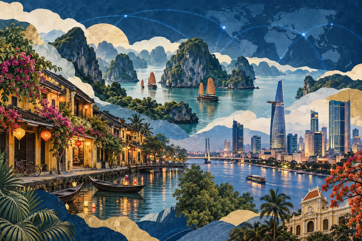 Illustrated collage of Vietnam, inspired by Hội An, Ho Chi Minh City, Hạ Long Bay.