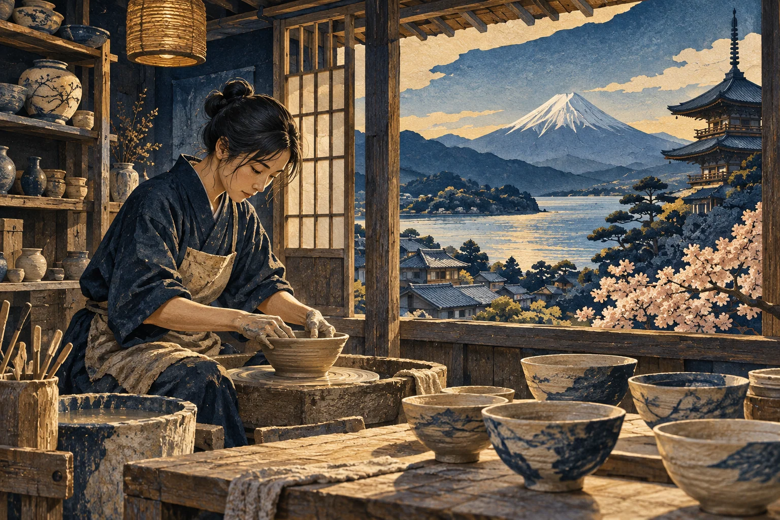 Illustration: Japanese ceramic workshop with hand-thrown bowls