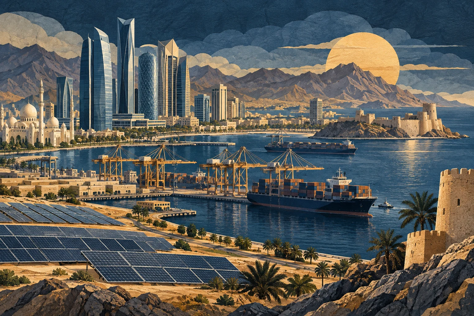 Illustration: Gulf port, solar fields and modern office towers