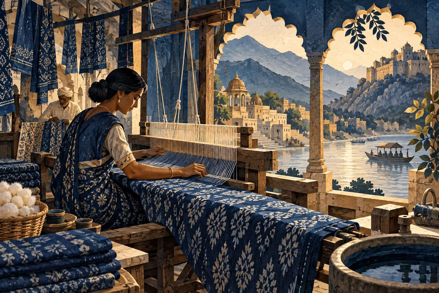 Illustration: South Asian handloom weaving workshop, rich indigo textile